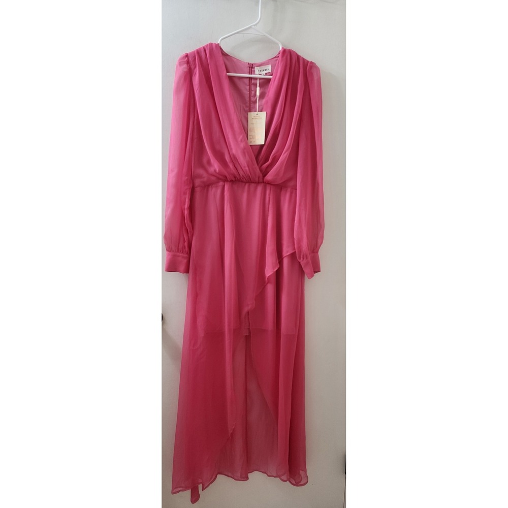 Modesees Hot Pink High Low Maxi Dress Long Sleeve V-Neck Fuchsia‎ Formal Size S
